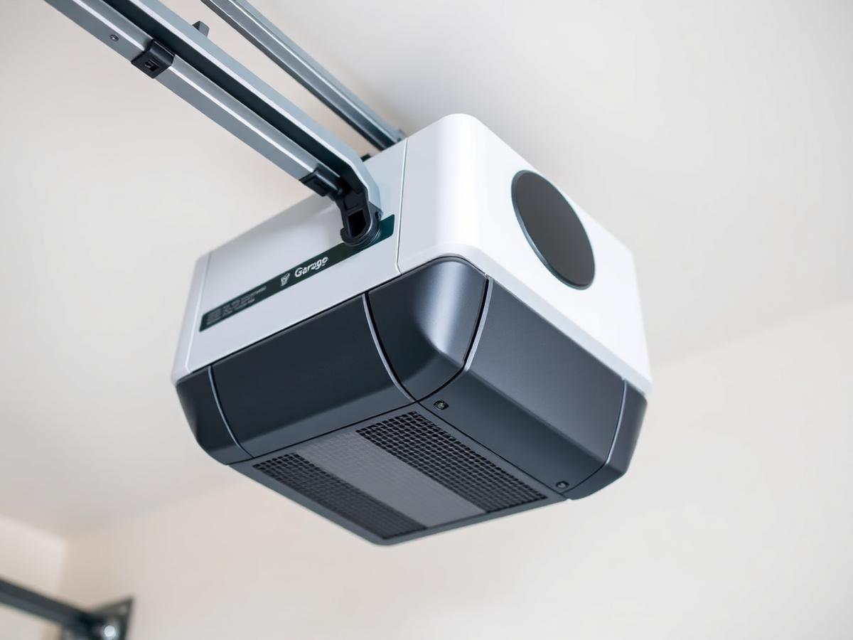 Belt-drive garage door opener mounted on a garage ceiling