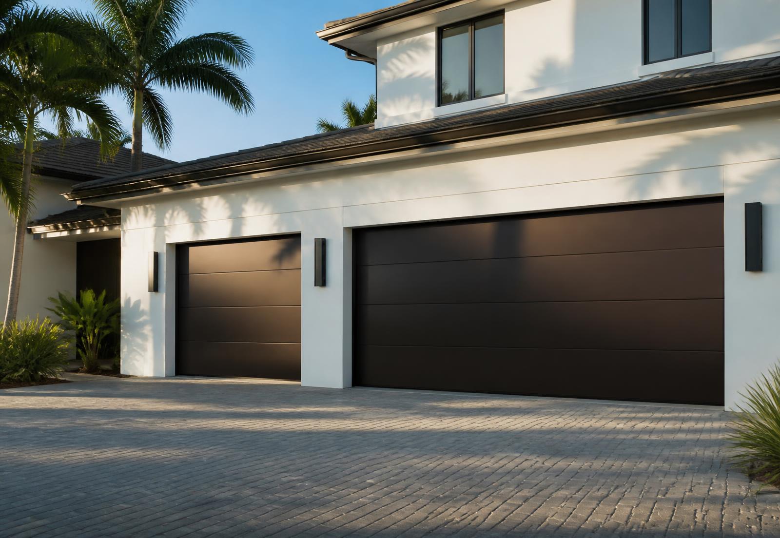 Modern dark bronze two-car garage door on a white stucco home in Miami, Florida
