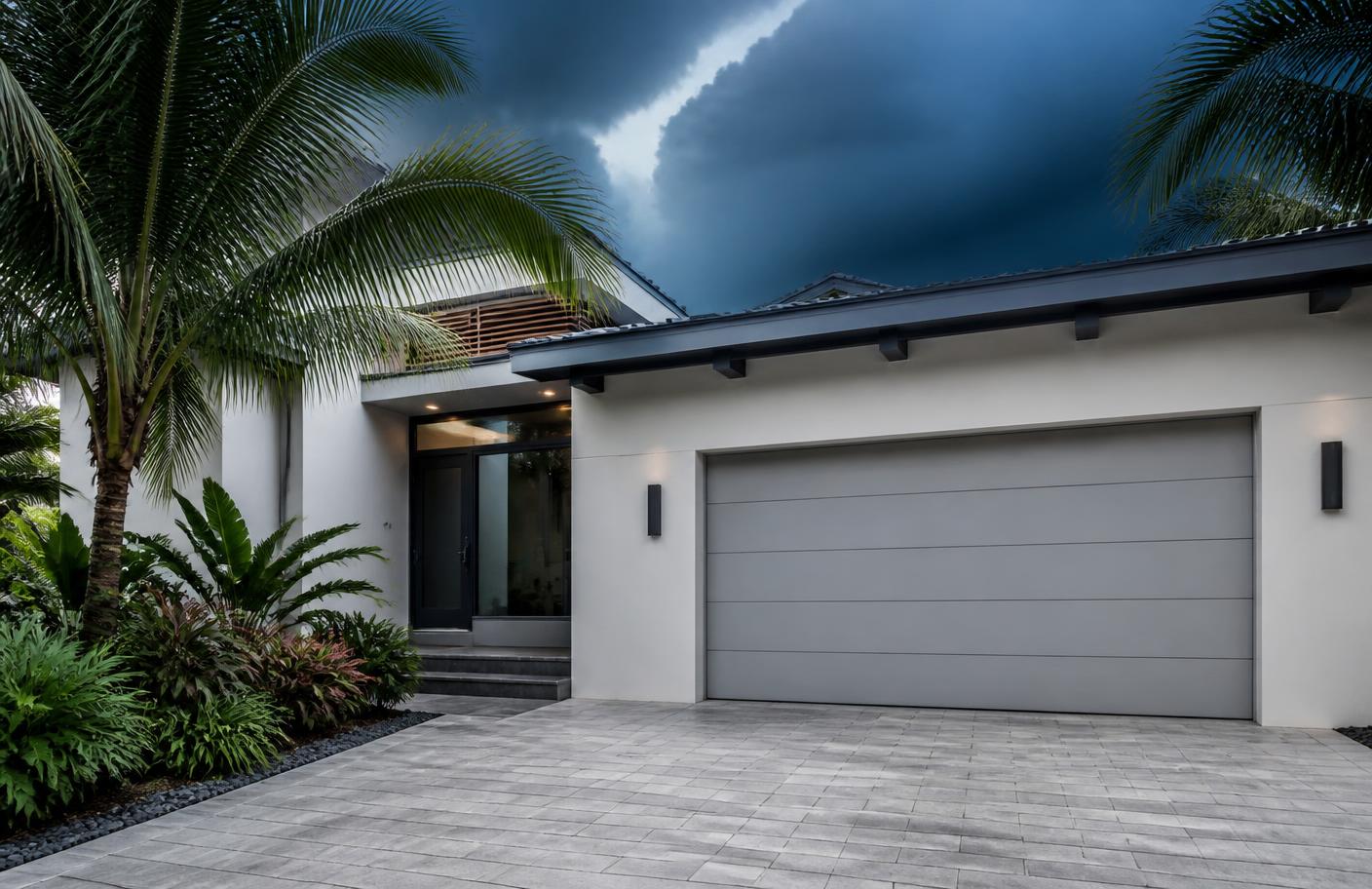 Impact-rated garage door on a modern Miami home under a darkening storm sky