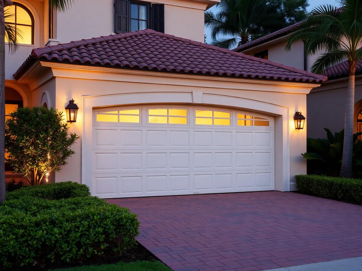 Newly installed carriage-style garage door on a Coral Gables home at dusk