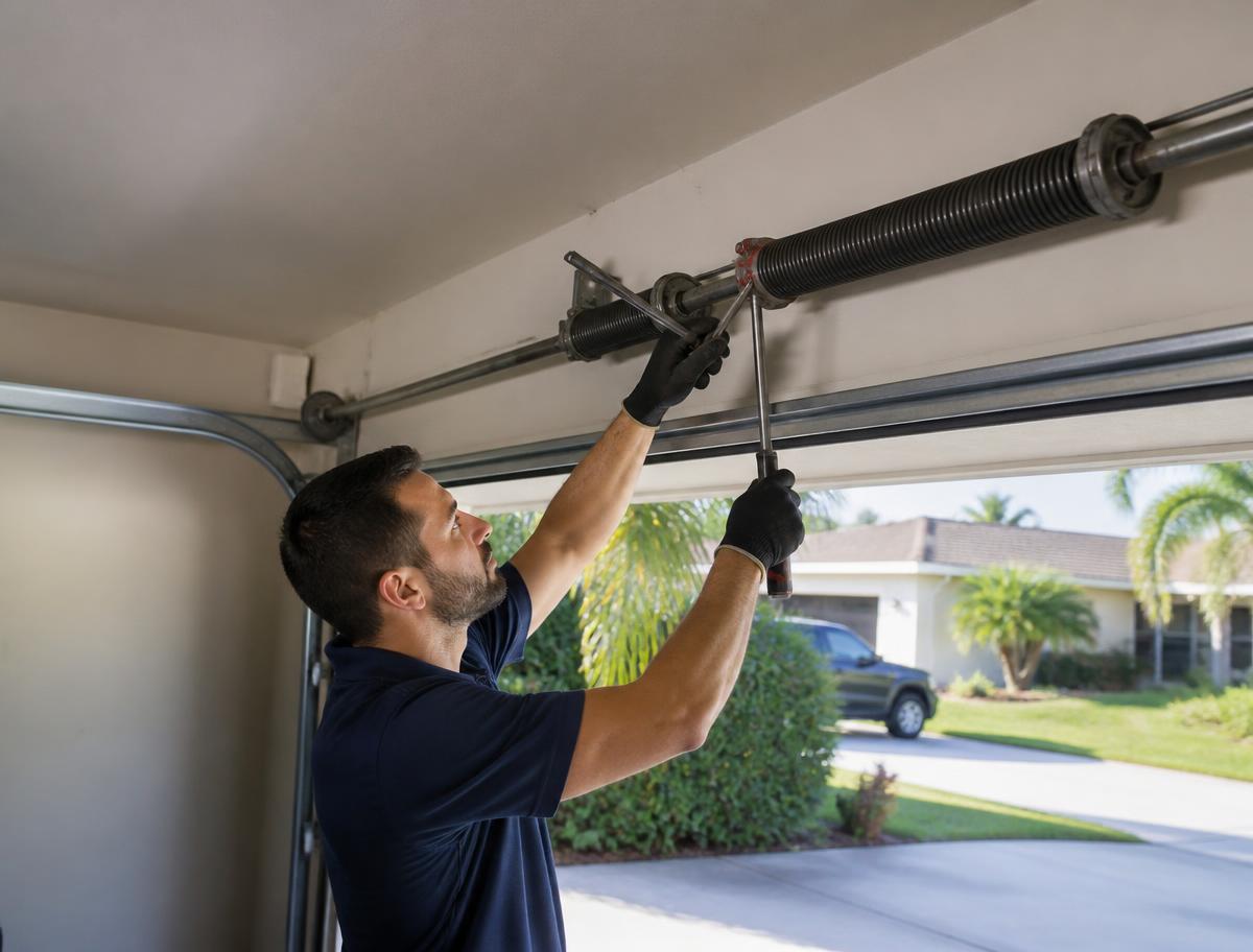Garage door technician adjusting a torsion spring above a residential garage door